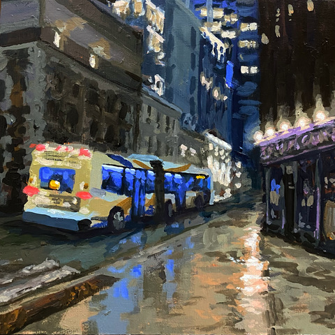 Along Hollis St, 10"x10", acrylic on wood panel. 2024.