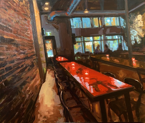 Red Tables, (Stillwell), 20x24, Acrylic on Canvas, 2026. Jack Ross