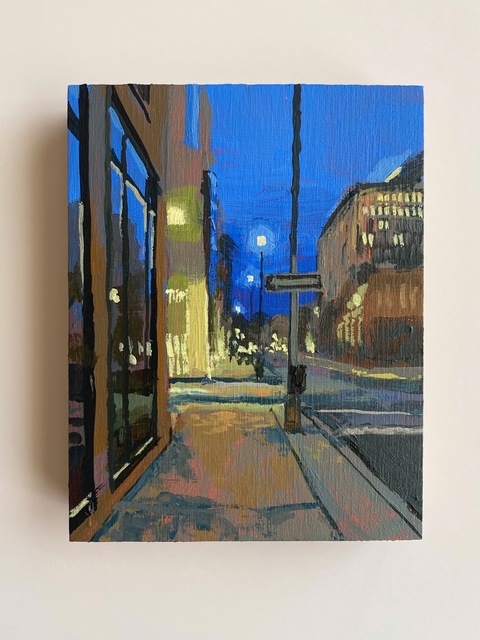 Granville Street, Dusk, 4x5, Acrylic on Wood Panel, 2026. Jack Ross