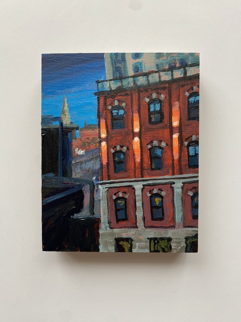 Lit Sconces, (Sackville St from the Nova Center), 4x5, Acrylic on Wood Panel, 2026. Jack Ross