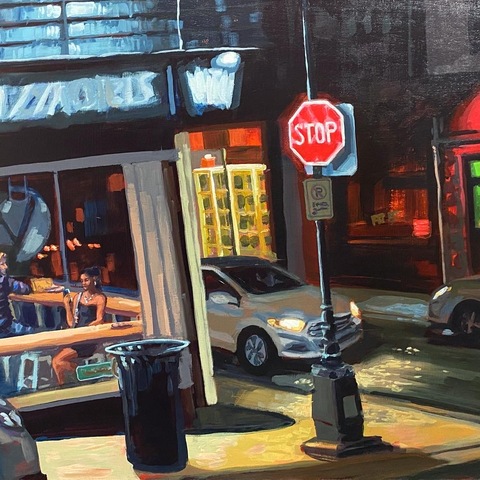 Grafton at Blowers Street (Pizza Corner), 22"x30", Acrylic on Wood Panel, 2022. Jack Ross