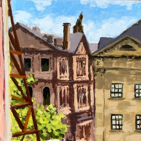 View of the AGNS from Parade Square, Scaffolding, 10"x10", acrylic on wood panel, Jack Ross, 2023.