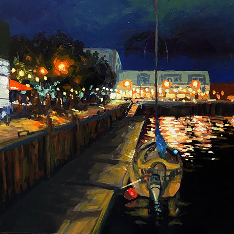 Late Night Waterfront Walk, 10"x10", Acrylic on Wood Panel, 2022. Jack Ross