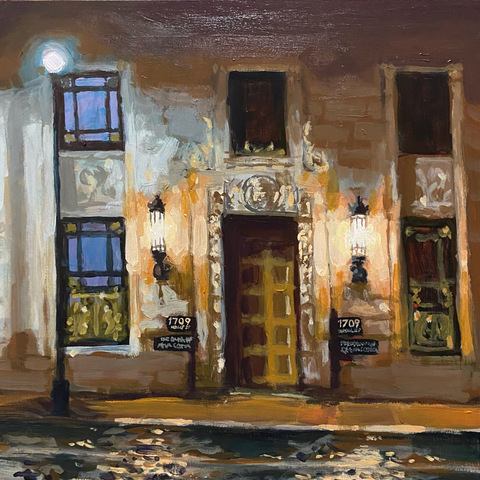 Glow from the Bank Building on Hollis, 10"x10", Acrylic on Wood Panel, 2022. Jack Ross